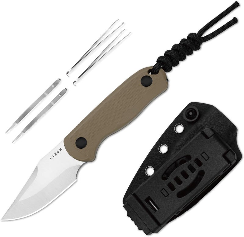 KIZER Drop Bear Fixed Blade Knife, 2.6" AEB-L Satin Blade EDC Hunting Knife with Tan G10 Handle & Built-in Tools, Outdoor Small Camping Survival Knives with Adjustable Kydex Sheath, 1092A2 - Image 1